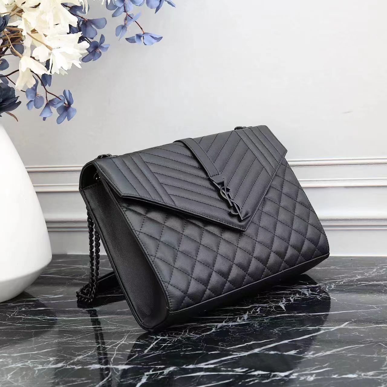 Saint Laurent Envelope Large Bag In Mix Matelasse Grain De Poudre Embossed Leather Black 31Cm