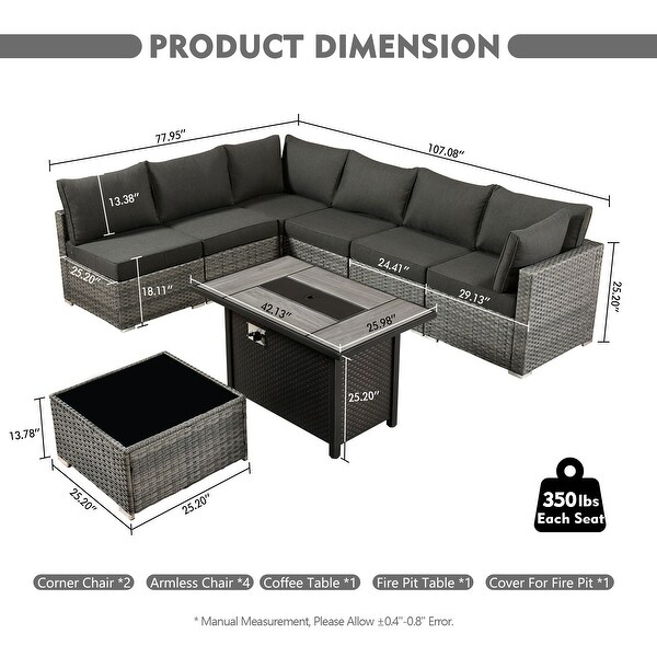 HOOOWOOO 8piece Patio Furniture Set Wicker Sectional Sofa with Fire Pit Table