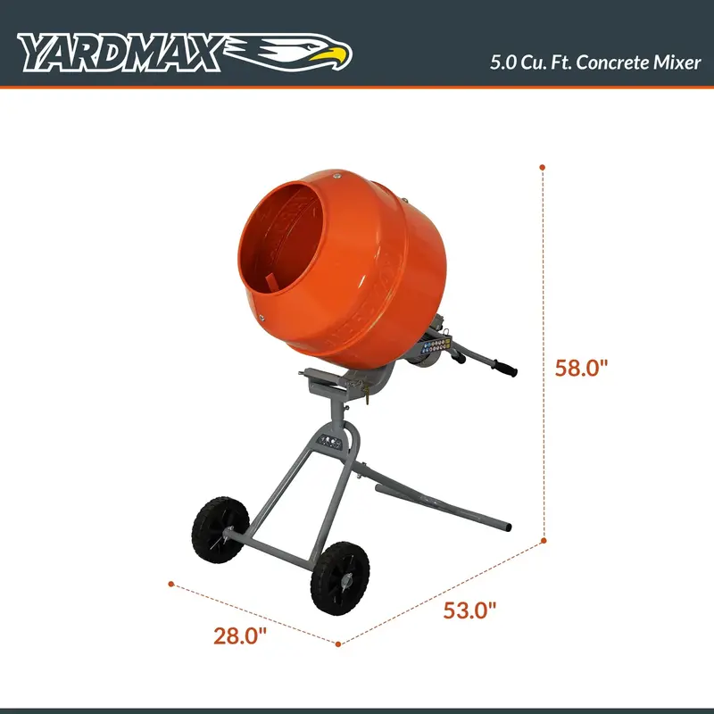 YARDMAX YM0146 Concrete Mixer – 5.0 Cu. Ft. Drum Capacity, Heavy-Duty Steel Construction