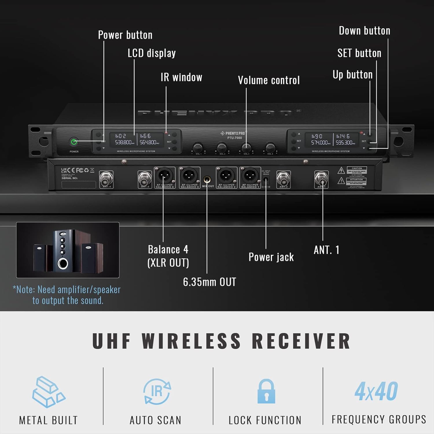 Wireless Microphone System, Quad Channel Wireless Mic, w/ 4x40 Channels, 4 Handheld Dynamic Microphones,Auto Scan, Long Distance 328ft, Microphone for Singing, Church, Karaoke (PTU-7000A)