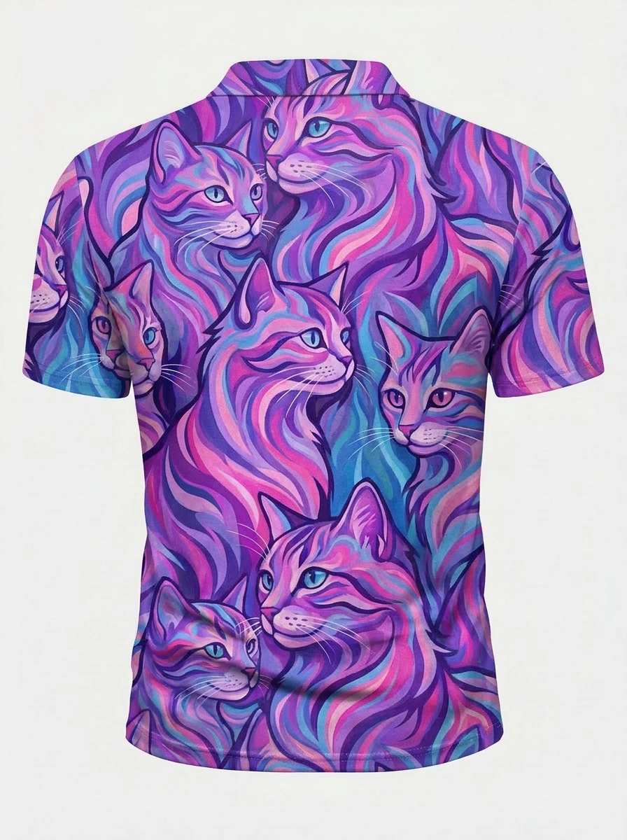 Moisture Wicking Golf Polo 3D Purple Pink Blue Swirl Cat Button Short Sleeve Golf Polo Shirt