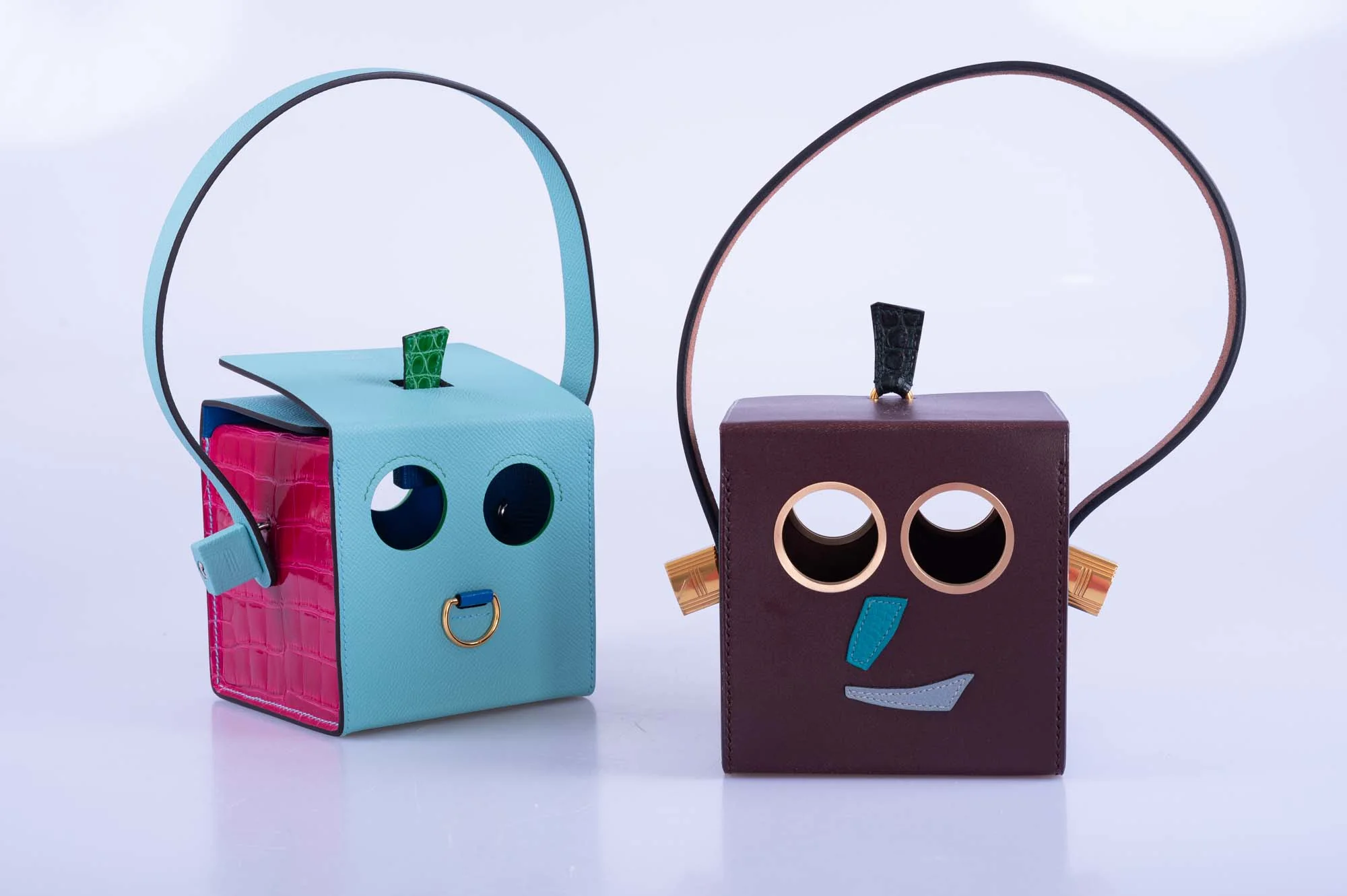 Hermès petit h Robot Buddy Bag in Turquoise Epsom with Blue Frida, Vert Émeraude Crocodile, and Fuchsia Crocodile