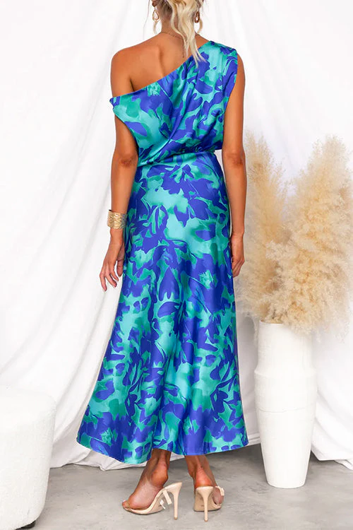 One Shoulder Floral Maxi Dress with SlitClistos