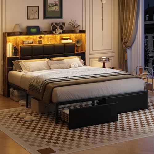 LED Bed Frame Full Size with Bookshelf Headboard, 2 Hidden Storage Drawers, Upholstered Platform Metal Bed Frame with Charging Station, Metal Slats Support, Noise Free, No Box Spring Needed