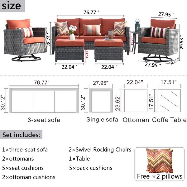 OVIOS 6piece Wicker Sectional Sofa Swivel Rocking Chair Set