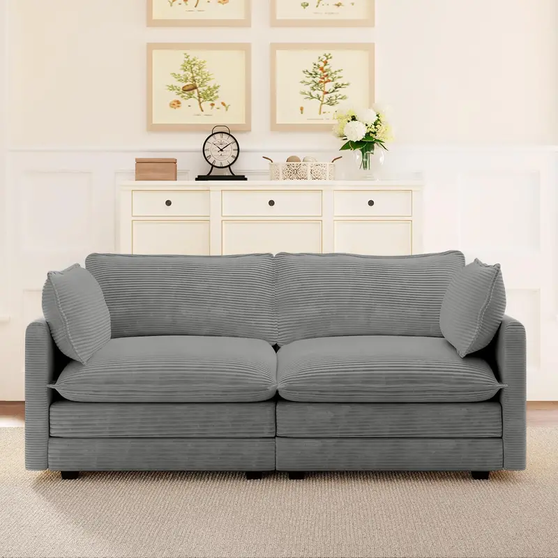 ROWHY 112-inch Modular Sectional Sofa – 4-Seat Corduroy L-Shaped Set with Movable Ottoman (Beige)