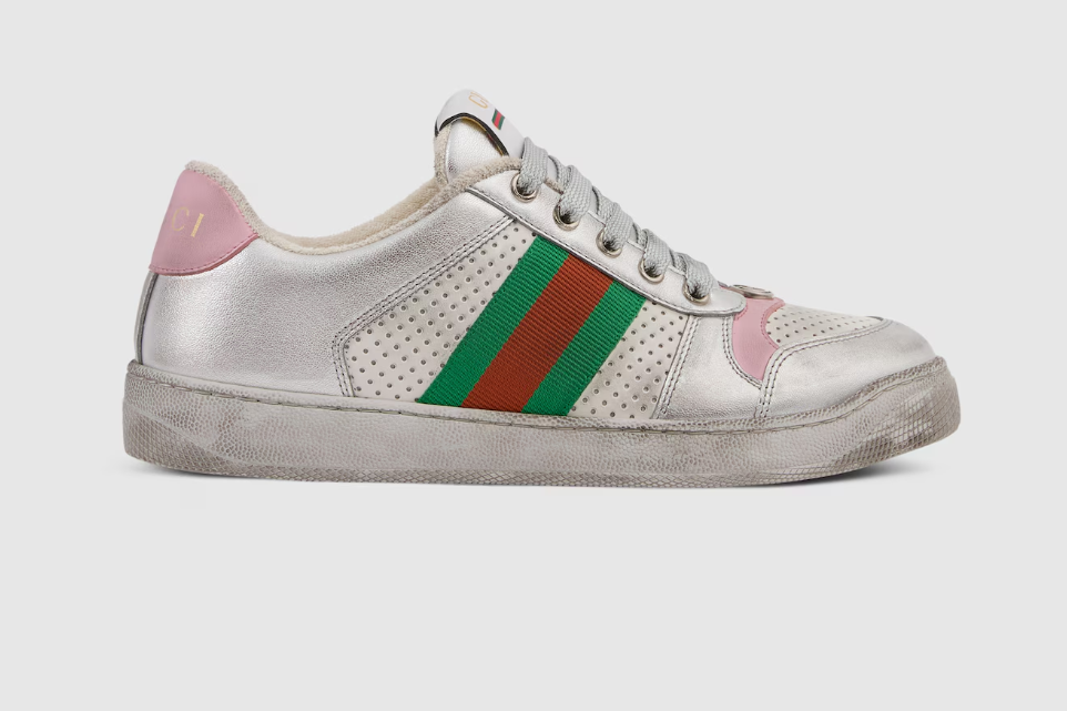 GUCCI Women's worn-out effect Screener sneaker   Silver metallic leather, with worn-out effect created by hand