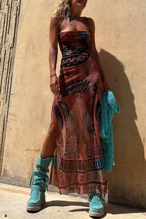 Backless Lace-Up Maxi Dress with Side SplitClistos