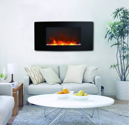 Cambridge 35x22 Curved Wall Mount Electronic Fireplace with Crystal Rocks