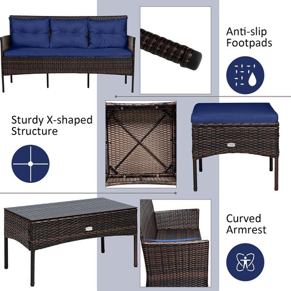 Costway 3PCS Patio Rattan Furniture Set 3Seat Sofa Cushioned Table