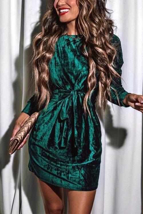 Elegant Velvet Tie Waist Long Sleeve DressClistos