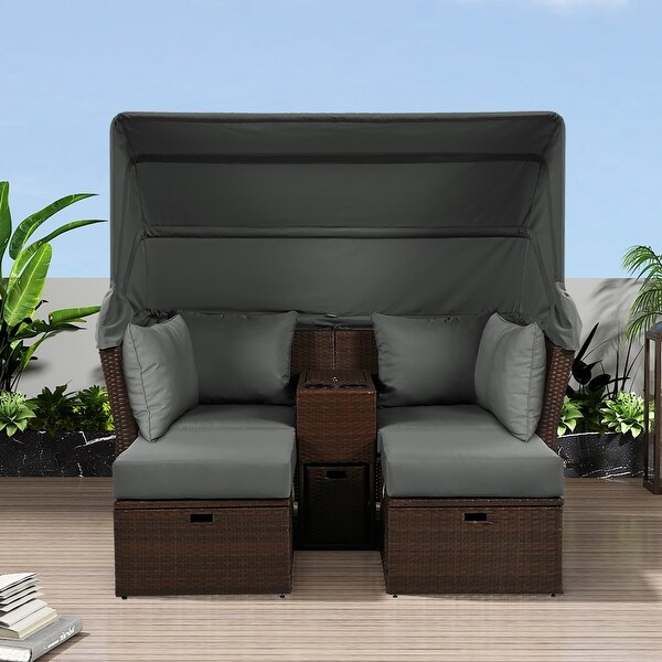 Outdoor Wicker Double Daybed Loveseat Sofa Set with Foldable Awning