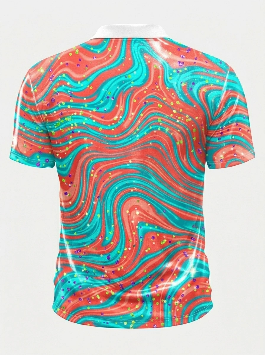 Moisture Wicking Golf Polo 3D Red Teal Swirl Glitter Button Short Sleeve Golf Polo Shirt