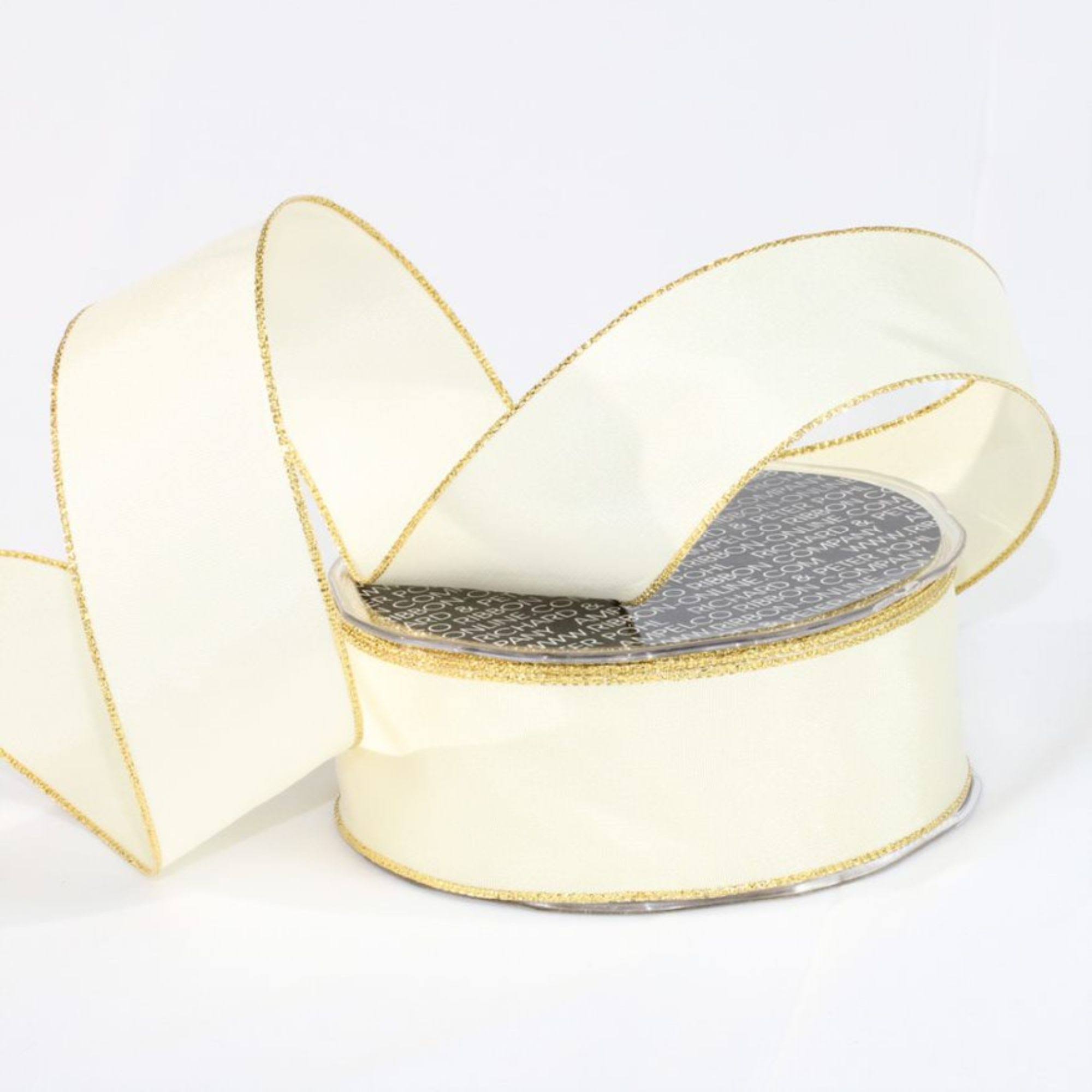 Ivory and Gold Taffeta Wired Craft Ribbon 1.5x22 x 27 Yards