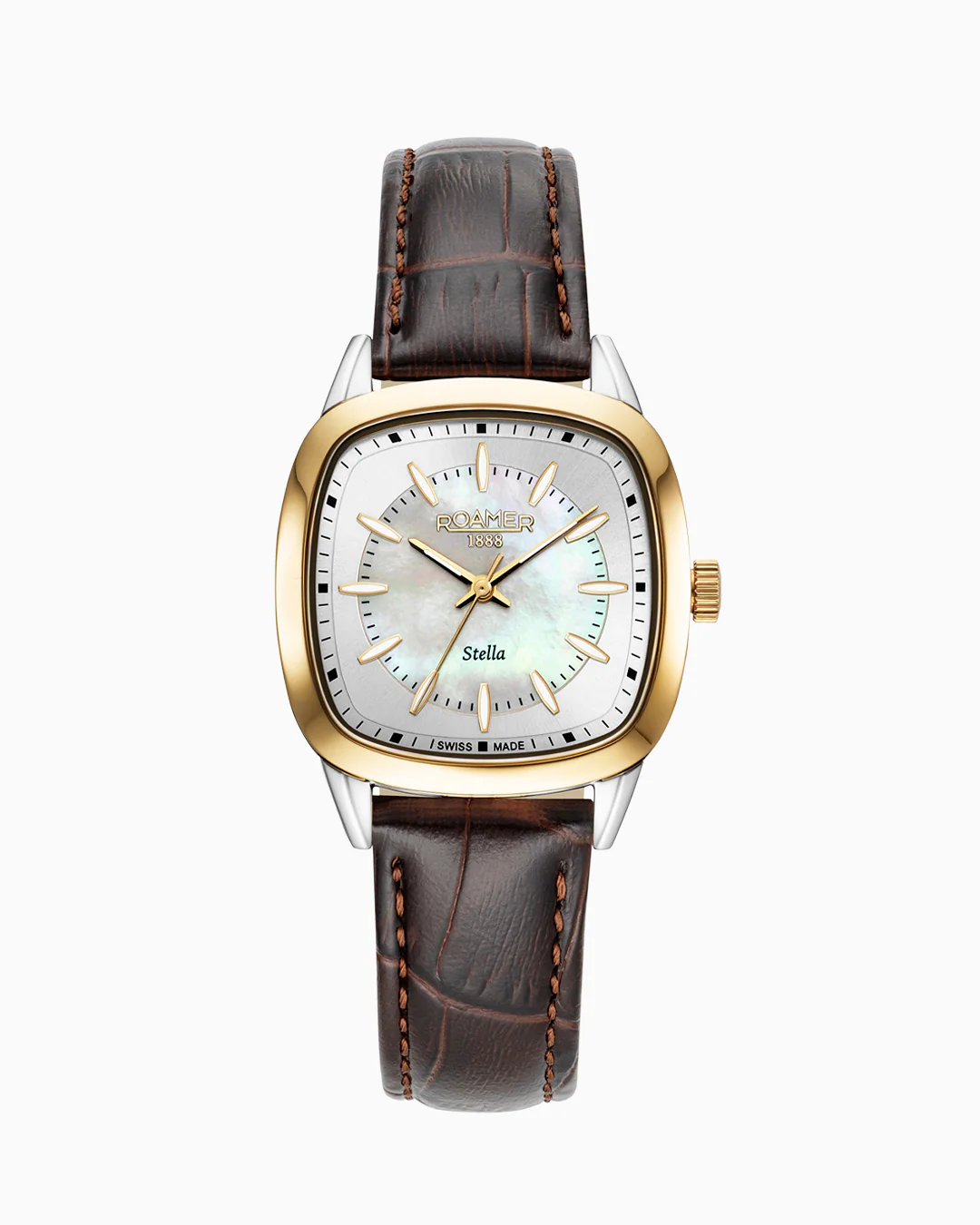 Stella 32.5mm Quartz Three-Hand White Mop Dial  Brown Leather Bracelet Sapphire antireflection glass  Stainless Steel swiss watch