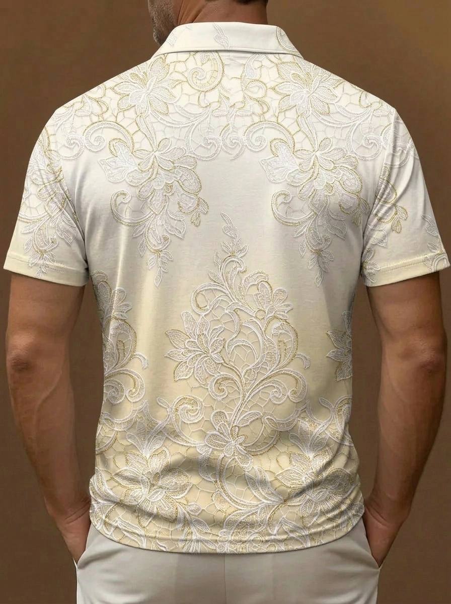 Beige Gold Lace Floral Print Short Sleeve Golf Polo Shirt