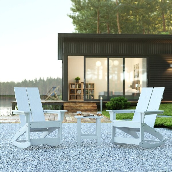 2 Modern Dual Slat Poly Resin Adirondack Rocking Chairs with Side Table