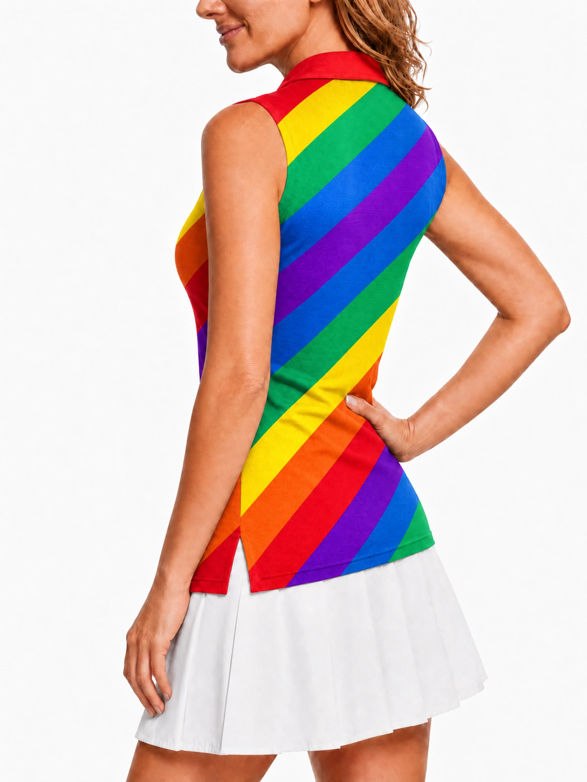 Women Sleeveless Quick Dry Golf Polo Shirt, Diagonal Rainbow Stripe Print