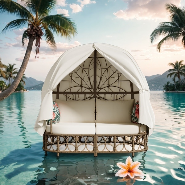 Daybed Outdoor Sunbed With Colorful Pillows,Wicker Patio Daybed With Curtain,Floral Pattern,Natural Wicker,Beige Cushion