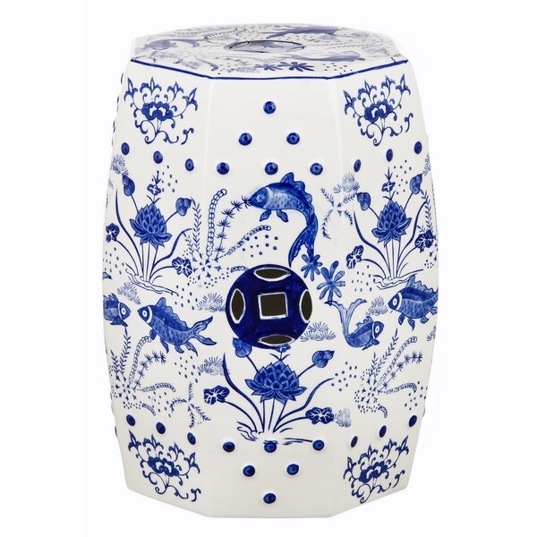 SAFAVIEH Cloud 9 Chinoiserie Blue Koi Ceramic Decorative Garden Stool