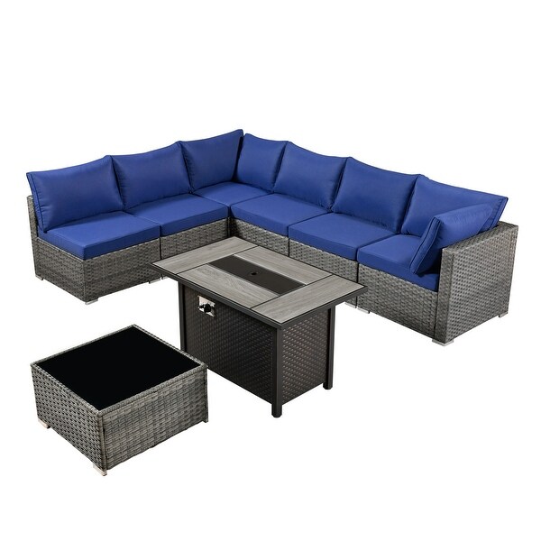 HOOOWOOO 8piece Patio Furniture Set Wicker Sectional Sofa with Fire Pit Table