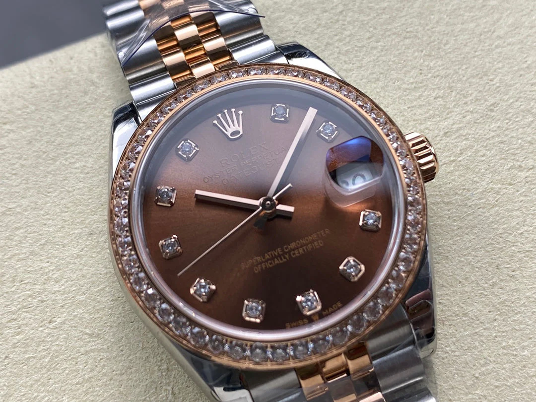 Datejust 31mm Pink Gold Steel Diamond Bezel Chocolate Dial Diamond Numerals