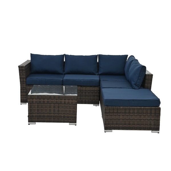4Piece Patio Conversation Wicker Furniture Set,Sectional Sofa Set with Tempered Glass Coffee Table,Sofa Chair and Ottoman Sets