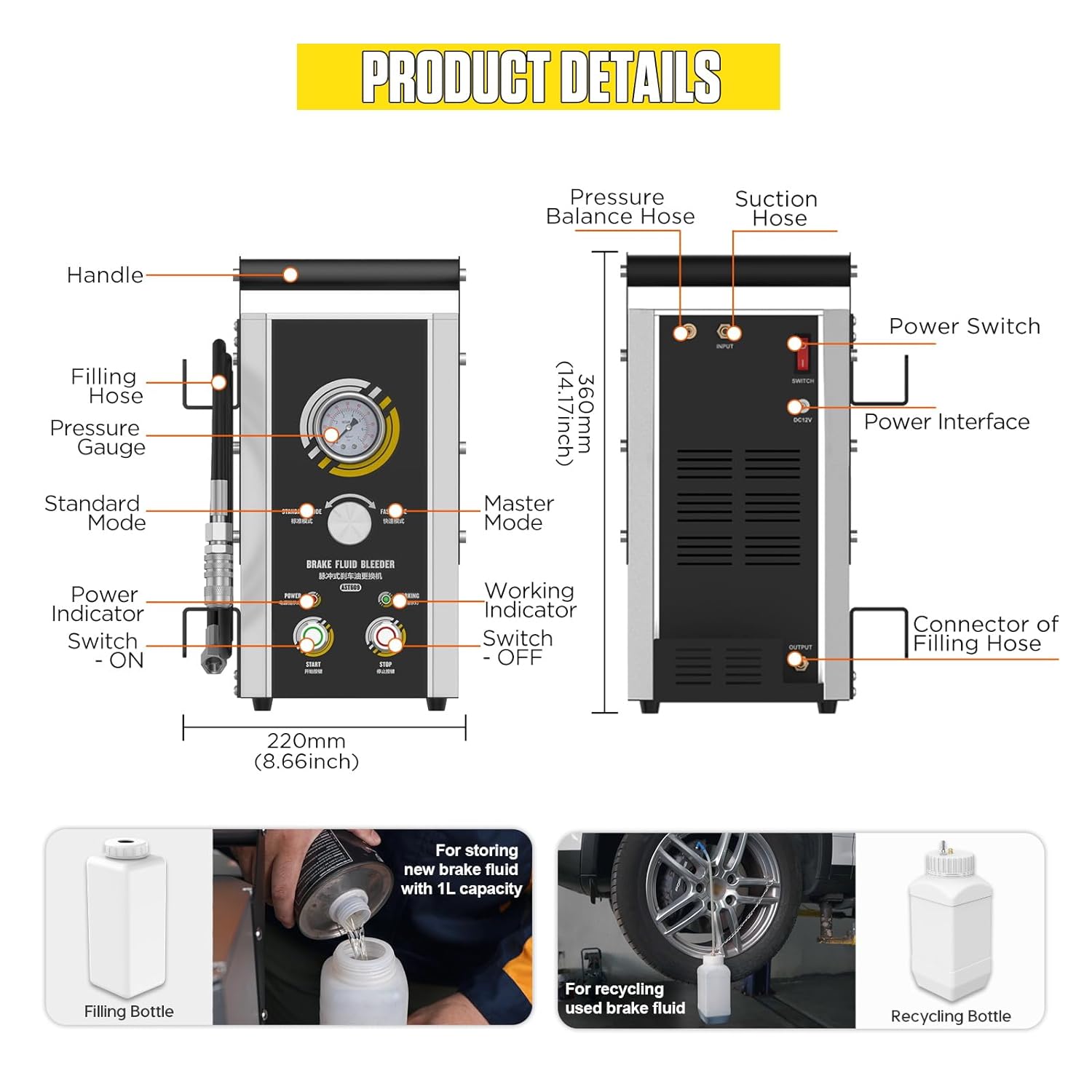 Automotive Brake Bleeder Kit, 100V-240V Electric Brake Bleeding Device, 0~3Bar Brake Fluid Oil Exchanger with 7PCS Master Cylinder Adapter, Pressure Gauge & Portable Carrying Handle