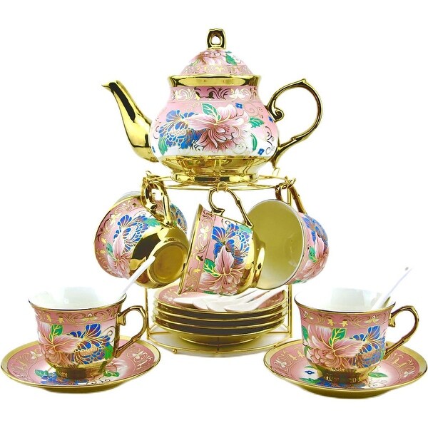 20 Pieces Porcelain Chinese Tea Set With Holder and Painting,Pink