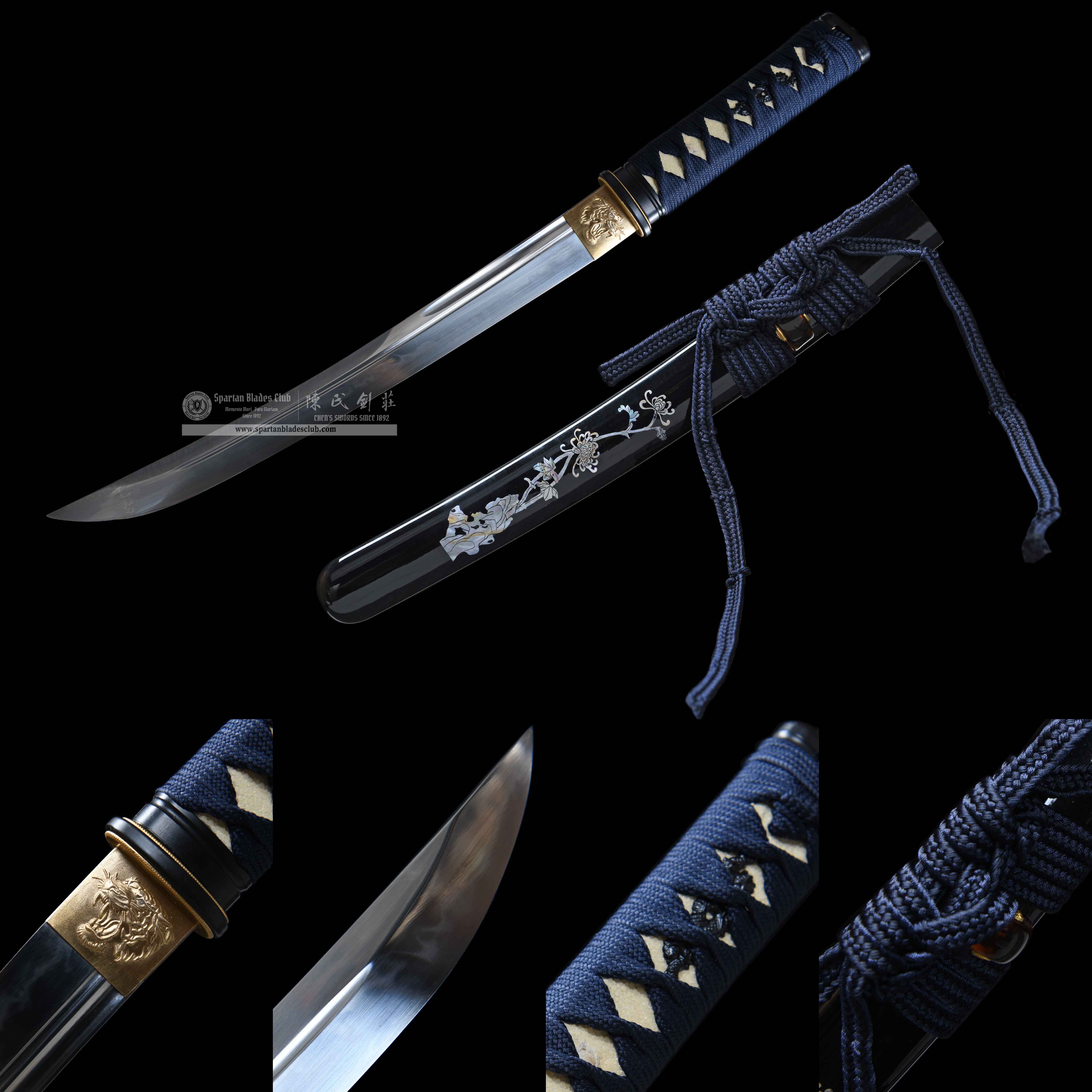 HY183 | Lanqiuju | Tanto | T10 Steel | Clay-tempered | Real Hamon | Black&Blue | Flower | Battle-Ready | Full-tang | Spartan Blades Club | CHEN'S SWORDS 1892 - Spartan Blades Club - 陳氏劍莊1892