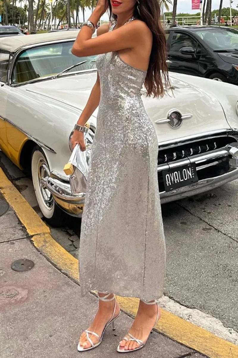 Backless Halter Sequin Maxi DressClistos