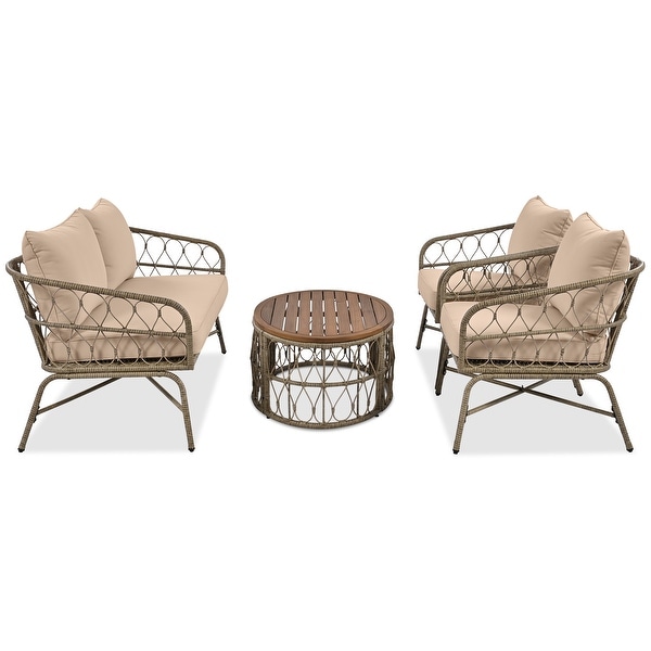 4Piece Wicker Patio Conversation Set with Beige Cushions,With Wood Tabletop