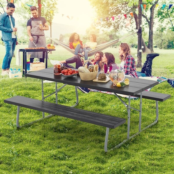 Folding Picnic Table Set with Metal Frame and AllWeather HDPE Tabletop,Umbrella Hole