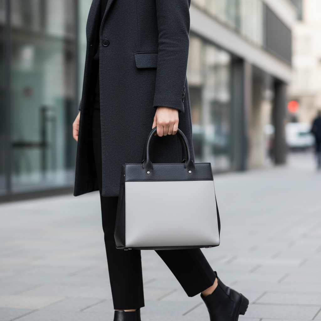 Black & Light Gray Two-Tone Leather Structured Tote Bag
