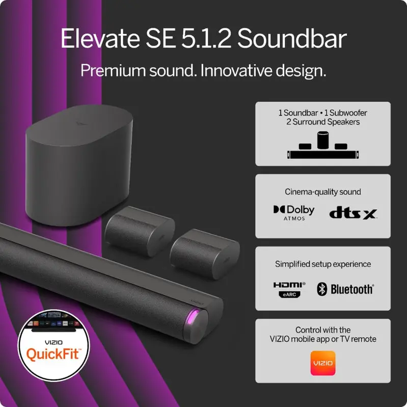 VIZIO Elevate SE Soundbar – 5.1.2 Dolby Atmos System with Wireless Subwoofer, 2024 Edition
