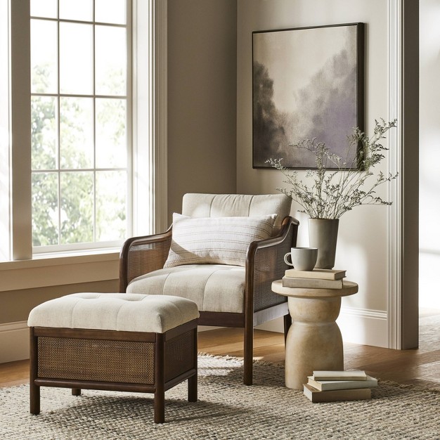 Woodspring Cane Base Ottoman Dark Walnut cream Designed With Studio Mcgee