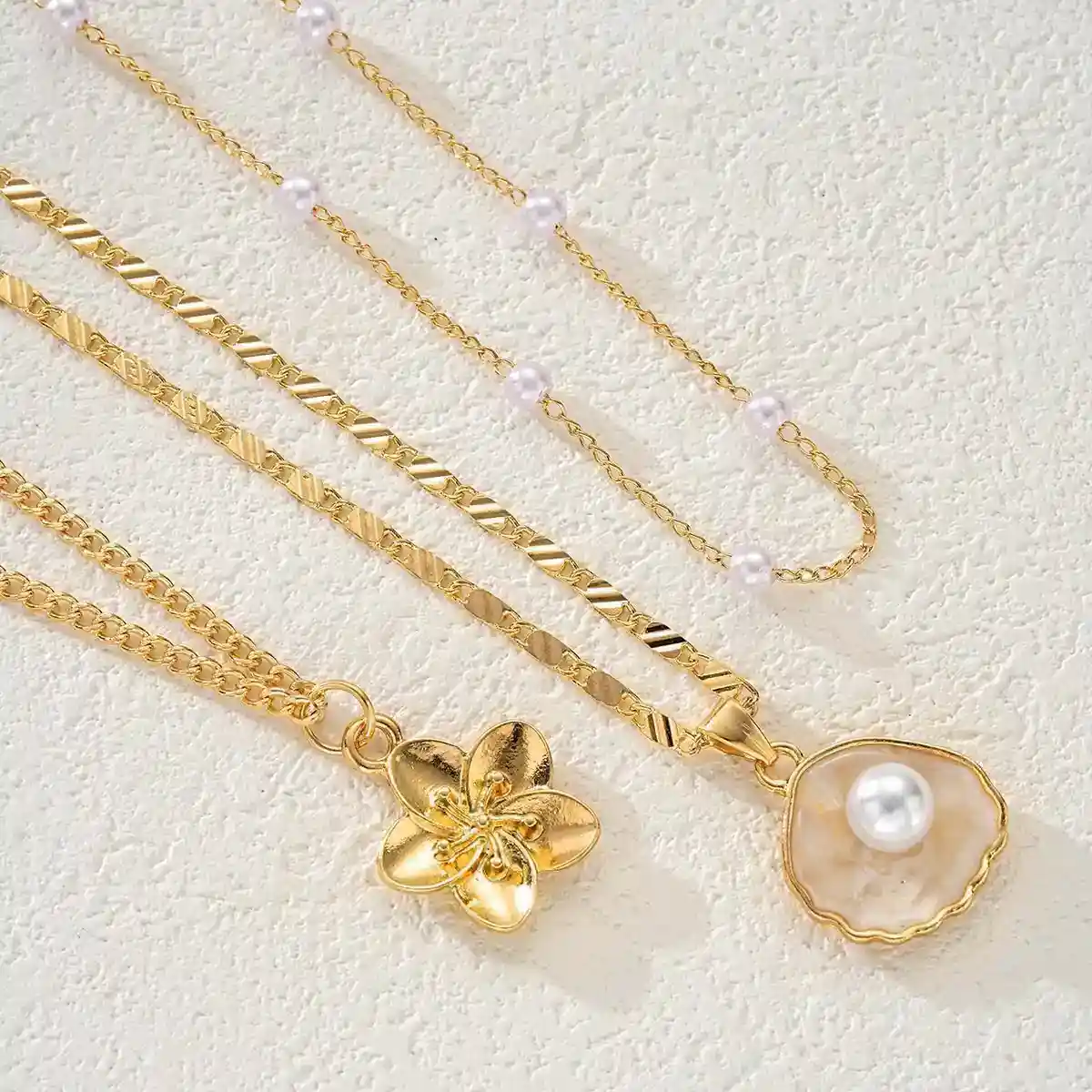 Gold Layered Pearl & Shell Pendant Necklace Set for Women