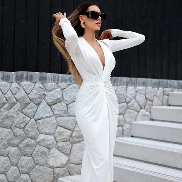 Plunging V-Neck Ruched Waist Maxi DressClistos