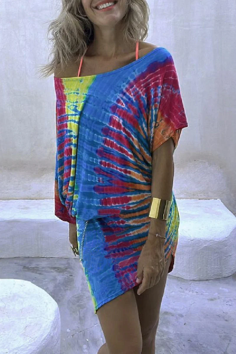 Asymmetrical Hem Tie-Dye Midi DressClistos