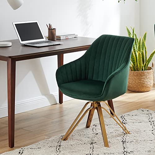 Volans Mid Century Modern Desk Chair No Wheels, Upholstered Swivel Accent Chair with Hollow Brushed Gold Plated Legs Office Chair for Home Office Bedroom, Beige Off White