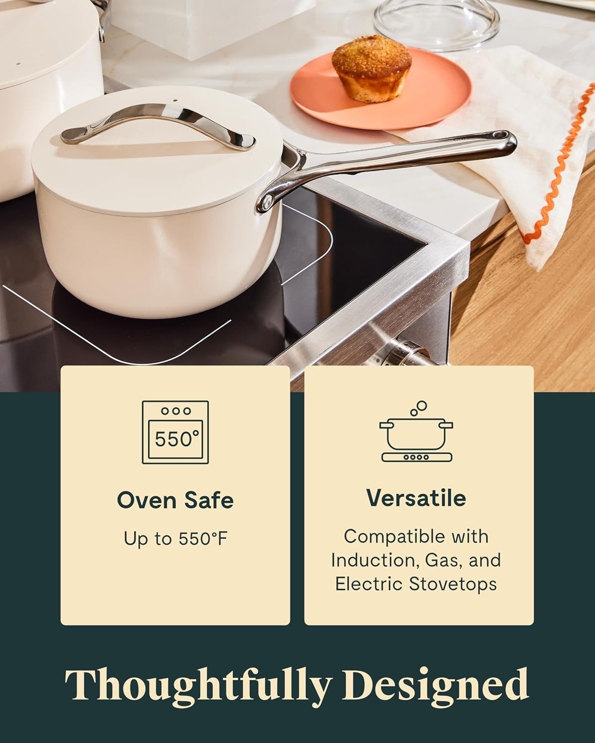 3 Qt Nonstick Ceramic Sauce Pan with Lid Cream All Stovetop Compatible Oven Safe