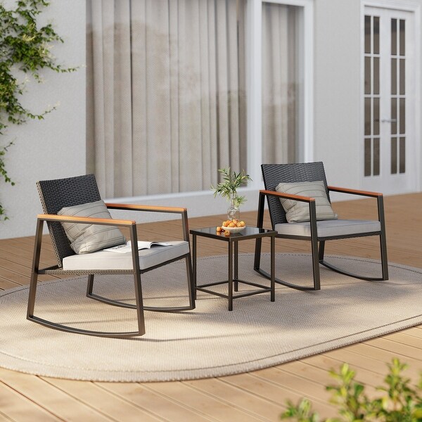 3 Piece Rocking Patio Bistro Set Wicker,Rocking Chair Pub Set with Glass Table