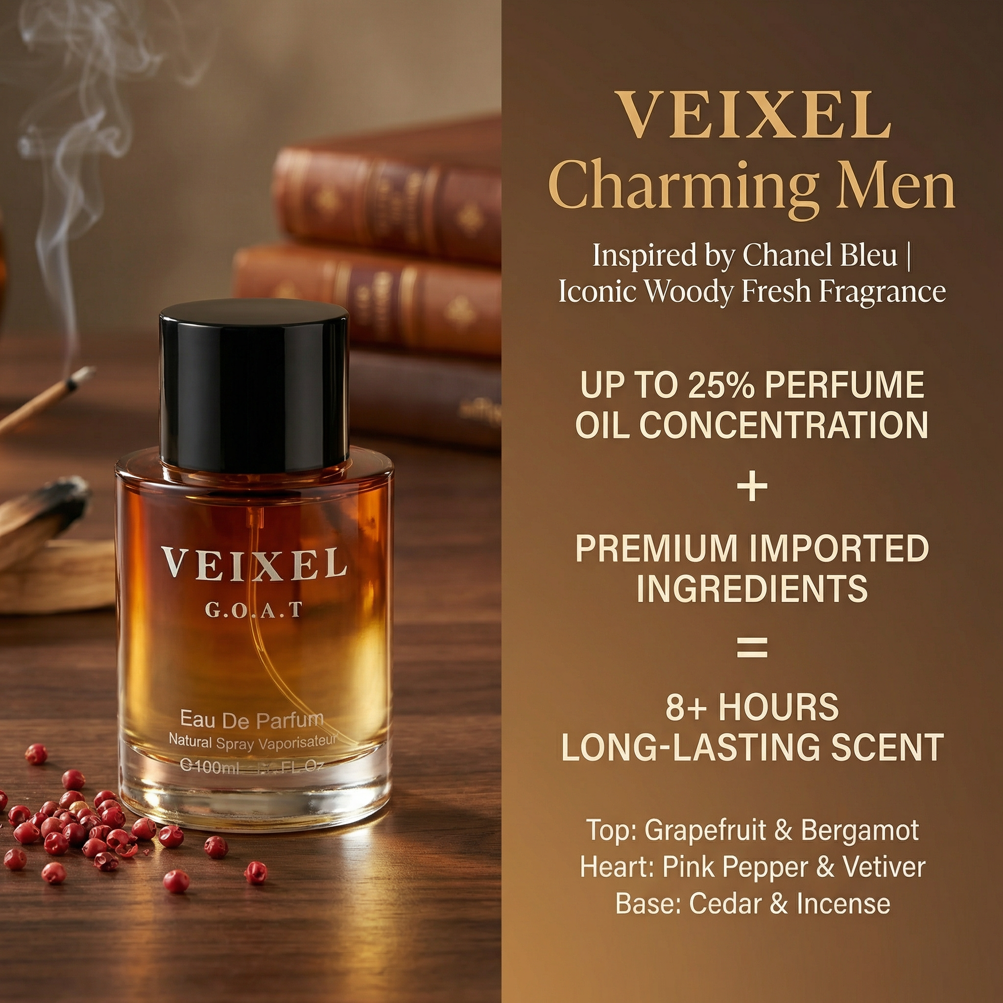 VEIXEL Charming Men’s Cologne – Fresh Clean Masculine Fragrance | Long Lasting Woody Scent | 100ml
