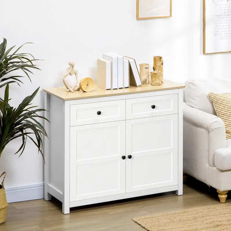 Sleek White Modern Sideboard – Compact Kitchen Storage Cabinet with Drawers