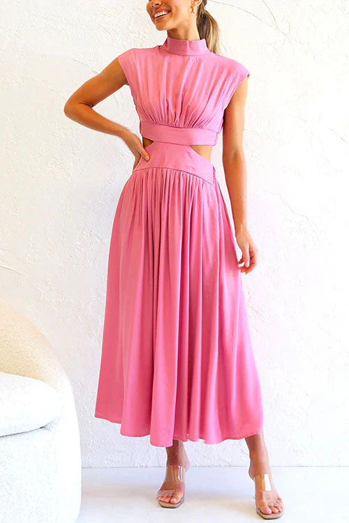 Mock Neck Cut Out Waist Swing DressClistos