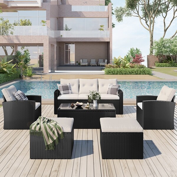 6Piece Patio Outdoor Conversation Set,AllWeather PE Rattan Sectional Sofa with Coffee Table and Ottomans