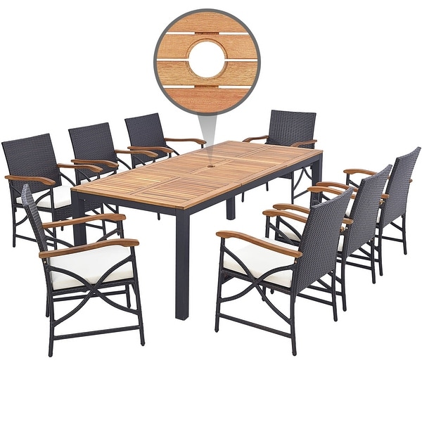 Costway 9 PCS Patio Rattan Dining Set with Acacia Wood Table,