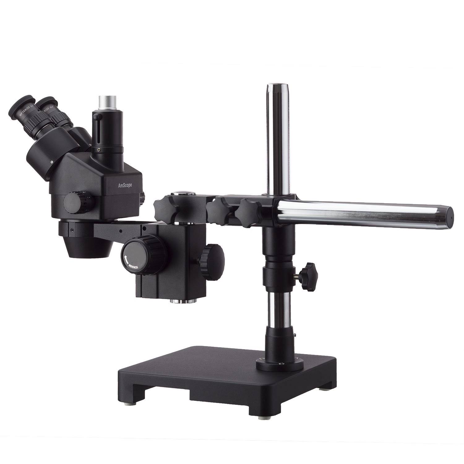 7X-90X Black Trinocular Stereo Zoom Microscope on Single Arm Boom Stand + 144 LED Ring-light with Usb2.0 10MP Camera