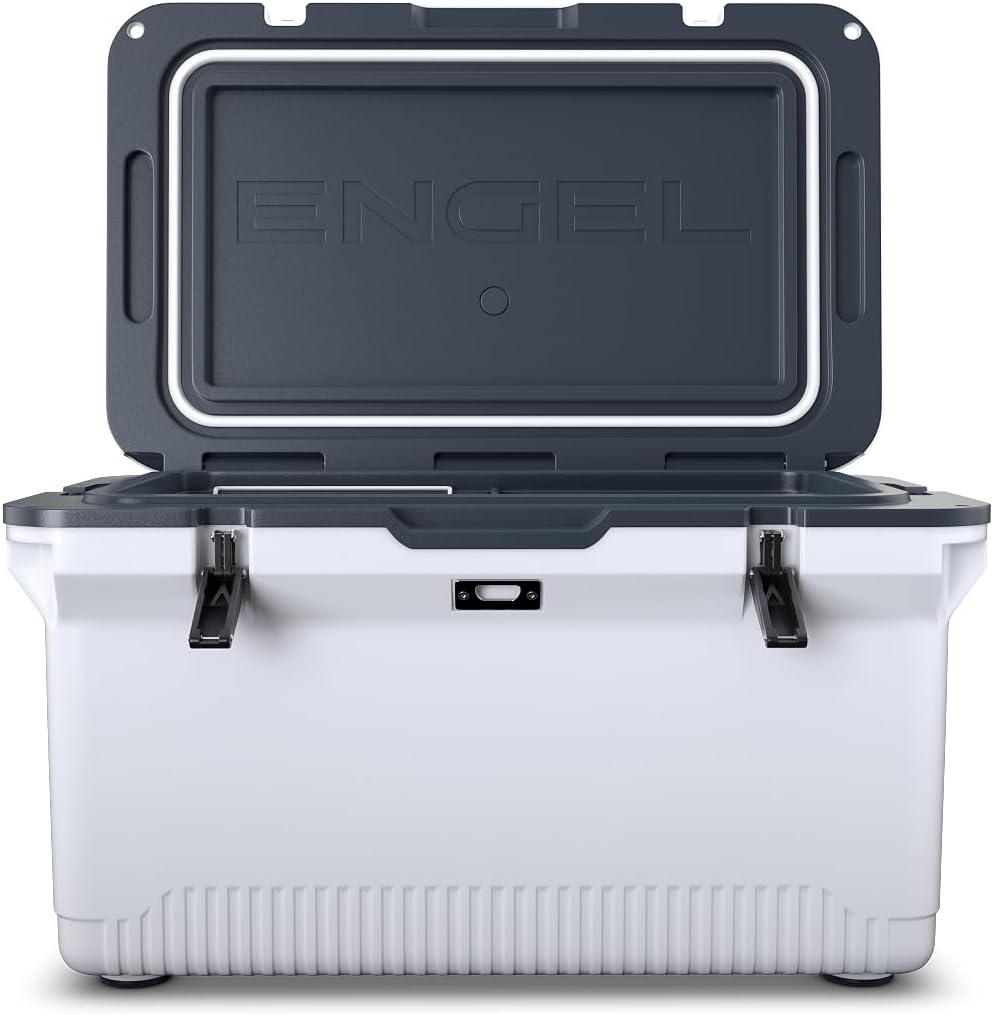 60 QT Ultra-Light Injection Molded Cooler - Ice Chest Keeps Ice up to 7 Days - Large Cooler Includes Wire Basket, Divider and Built-in Bottle Opener