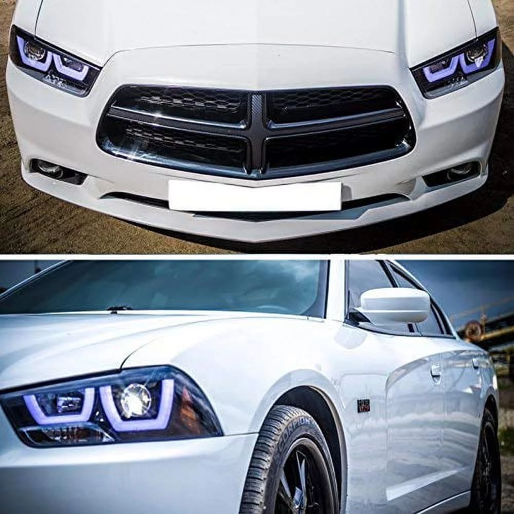 DRL LED Light Bar Strip Projector Headlight Head Lamp Replacement in Gloss Black Housing Smoke Lens Made For And Compatible With 2011 - 2014 Dodge Charger 11 12 13 14
